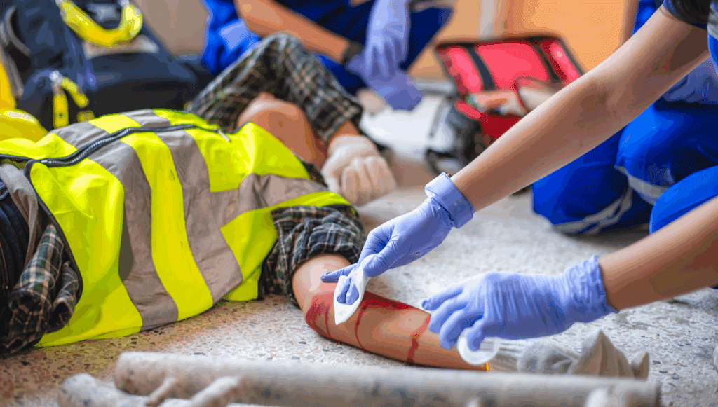 An EMT cleaning up a construction worker's bloody arm wound.