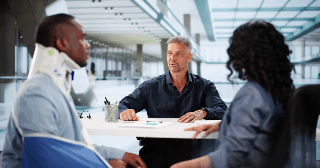 A personal injury attorney sitting across the desk from an injured client and his partner.