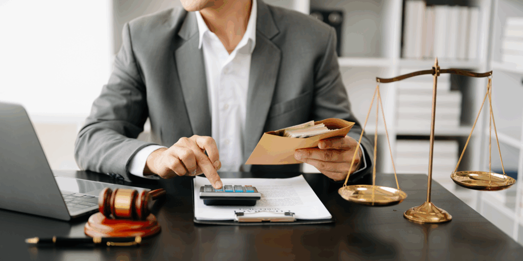 An attorney using a calculator and holding an envelope of money as he looks at his laptop.