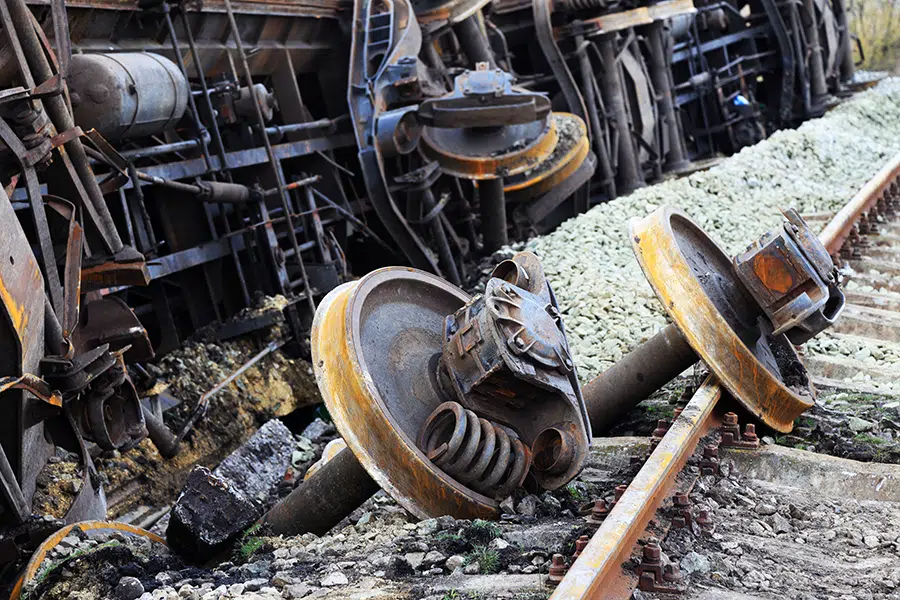 Train parts sitting on the ground after a train collision.