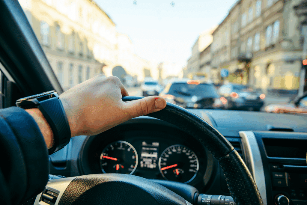 A man's hand resting on his car's steering wheel as he sits in New York City traffic.