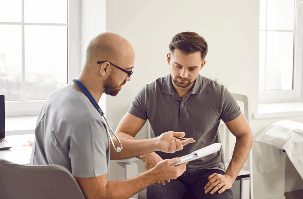 A doctor reviewing his case notes with a patient.
