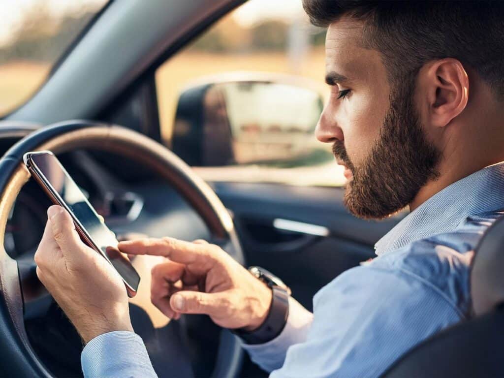 A man on his phone while sitting in his car in traffic.