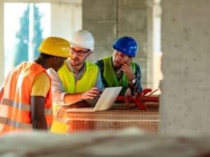A group of three construction workers in full gear standing around a table discussing plans.